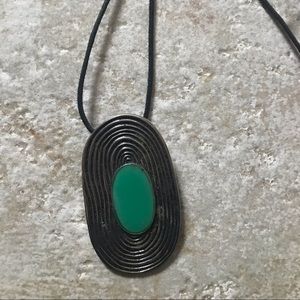 Leather and green stone silver necklace